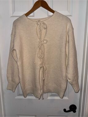 MNM Fashion Cream Tie-Front Knit Cardigan